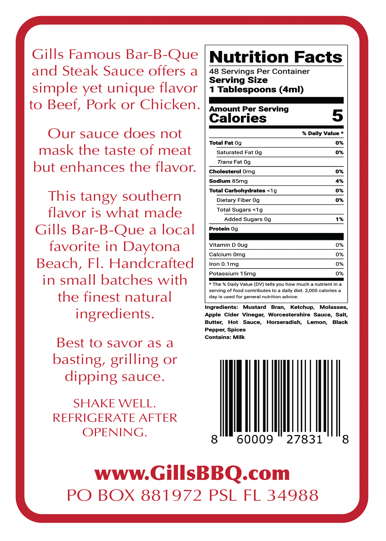 Gills BBQ & Steak Sauce Hot Ingredient List